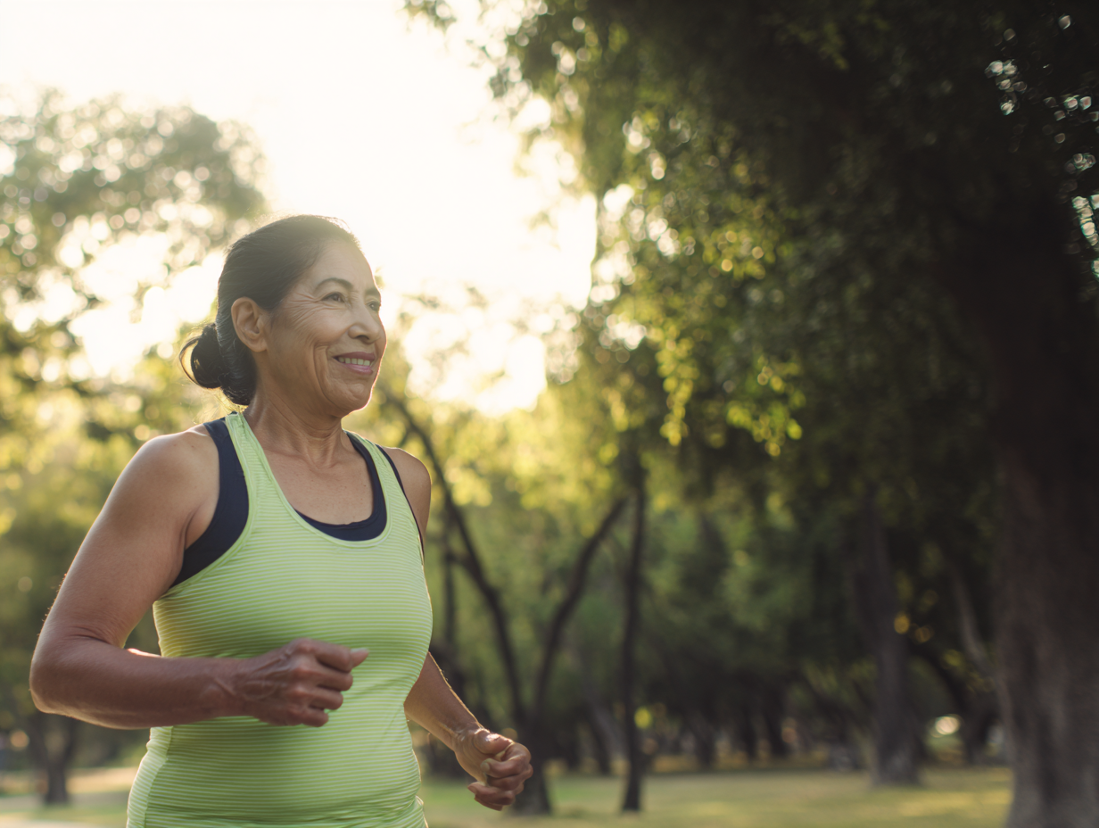 Mujer adulta mayor caminando en un parque soleado, salud cardiovascular preventiva