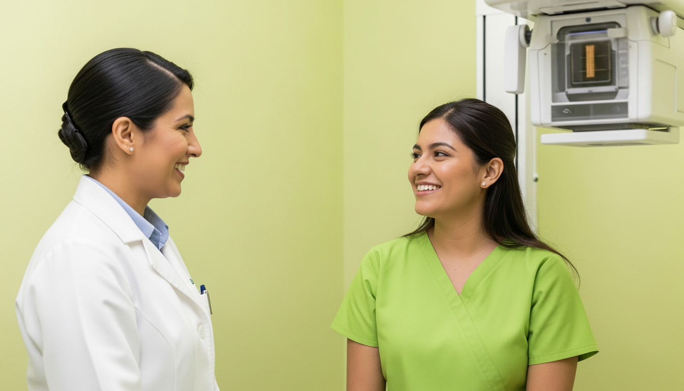Doctora y tecnica conversando en la sala de mamografia
